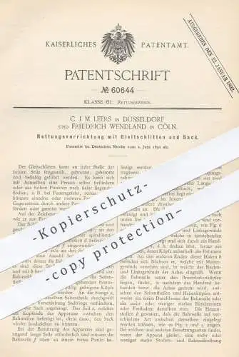 original Patent - C. J. M. Leers , Düsseldorf | Friedrich Wendland , Köln , 1891 , Rettung mit Gleitschlitten u. Sack