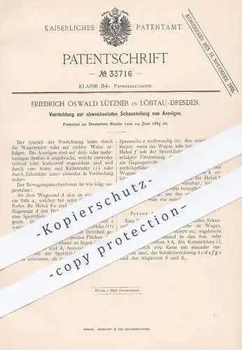 original Patent - Friedrich Oswald Lützner , Dresden / Löbtau , 1885 , Darstellung von Anzeigen | Papier Reklame Werbung