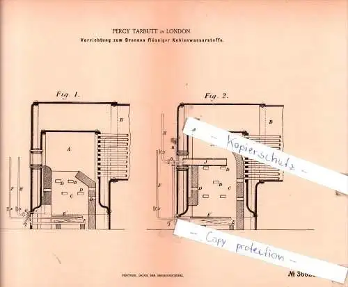 Original Patent  - Percy Tarbutt in London , 1886 , Dampfkessel nebst Ausrüstung !!!