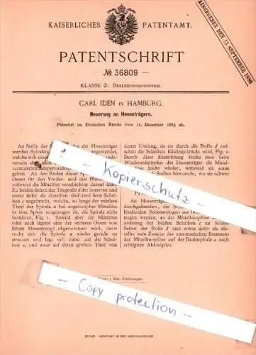 Original Patent  - Carl Iden in Hamburg , 1885 , Neuerung an Hosenträgern !!!