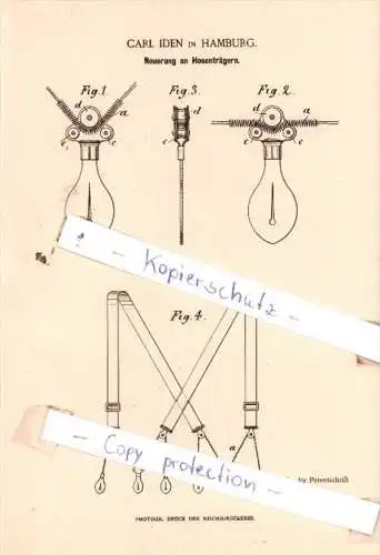 Original Patent  - Carl Iden in Hamburg , 1885 , Neuerung an Hosenträgern !!!