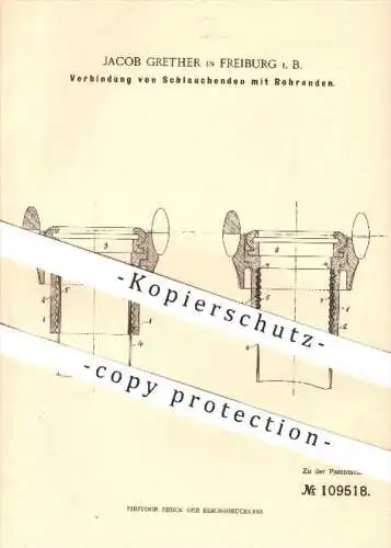 original Patent - J. Grether in Freiburg , 1898 , Verbindung von Schlauchenden mit Rohrenden | Metall , Rohr , Schlauch