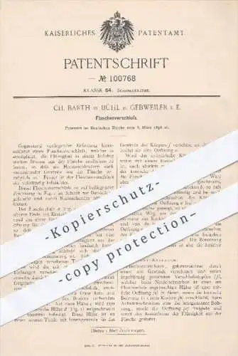 original Patent - Ch. Barth in Bühl bei Gebweiler , 1898 , Flaschenverschluss , Flasche , Flaschen , Getränke !!!