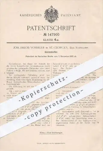 original Patent - Joh. Jakob Vosseler in St. Georgen , 1902 , Kerzenhalter , Kerze , Kerzen , Licht , Feuer , Leuchter !