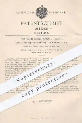 original Patent - Friedrich Gleichmann in Dessau , 1901 , Zerkleinern von Gemüse | Messer , Häcksler , Haushalt !!!