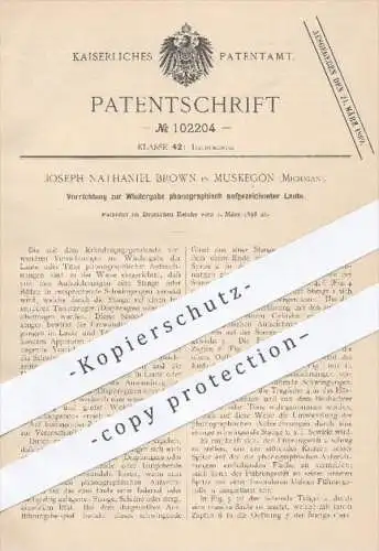 original Patent - J. Nathaniel Brown , Muskegon , Michigan USA , 1898 , Wiedergabe phonographischer Laute , Phonograph !