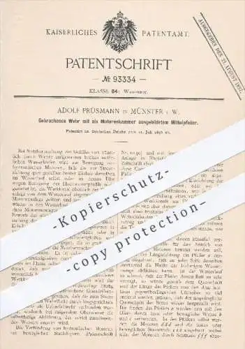 original Patent - Adolf Prüsmann in Münster , 1896 , Gebrochenes Wehr mit als Motorenkammer ausgebildetem Mittelpfeiler