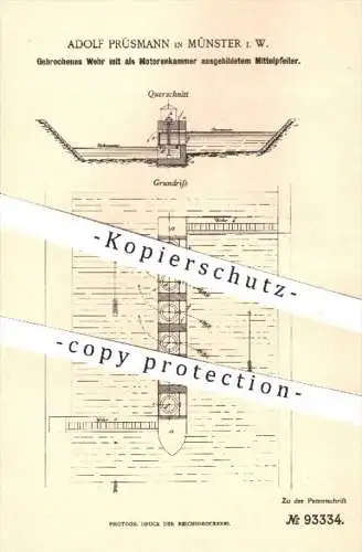 original Patent - Adolf Prüsmann in Münster , 1896 , Gebrochenes Wehr mit als Motorenkammer ausgebildetem Mittelpfeiler