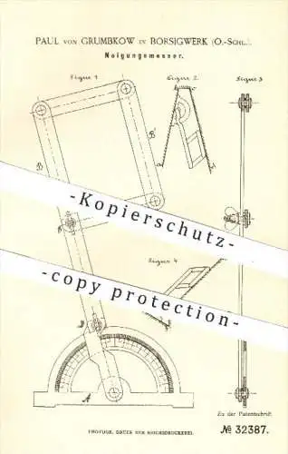 original Patent - Paul Grumbkow in Borsigwerk , 1884 , Neigungsmesser , Messung der Neigung , Instrumente !!!