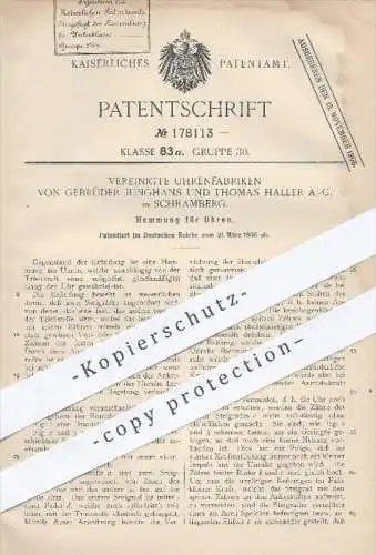 original Patent - Vereinigte Uhrenfabriken von Gebr. Junghans u. Thomas Haller AG , Schramberg , 1906 , Hemmung an Uhren