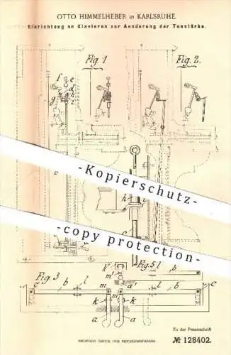 original Patent - O. Himmelheber , Karlsruhe , 1901 , Einrichtung am Klavier zur Änderung der Tonstärke , Klaviere !!!