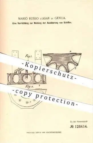 original Patent - M. Russo d'Asar , Genua  1899 , Vorrichtung zur Meldung der Annäherung von Schiffen | Schiff , Schiffe