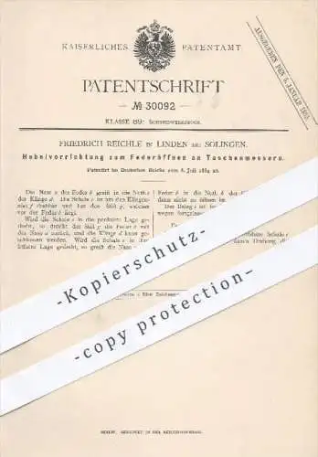 original Patent - F. Reichle , Linden / Solingen , 1884 , Hebelvorrichtung zum Federöffnen am Taschenmesser , Messer