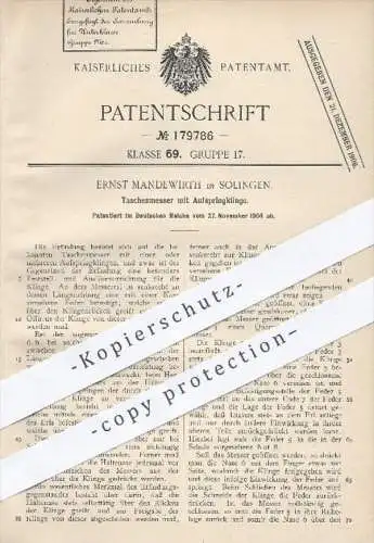 original Patent - Ernst Mandewirth in Solingen , 1904 , Taschenmesser mit Aufspringklinge , Messer , Messerklingen !!!