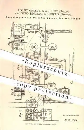 original Patent - R. Gross , S. A. Ujhely , Ungarn | O. Lendecke , Lemberg , Galizien , 1884 , Kupplung an Lokomotive !