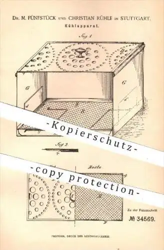 original Patent - Dr. M. Fünfstück u. Christian Rühle , Stuttgart , 1885 , Kühlapparat , Kühlung , Kühlschrank , Kühlen