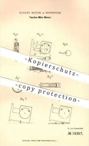 original Patent - August Reitze in Hannover , 1881 , Taschen-Münz-Messer zum Prüfen von Münzen , Geld , Geldstücke !!!