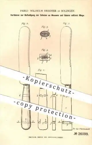 original Patent - F. W. Hessmer , Solingen 1883 , Befestigung der Schalen an Messer u. Gabel | Besteck , Schneidwerkzeug