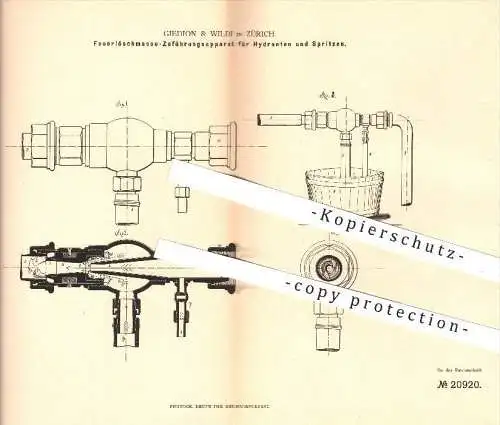 original Patent - Giedion & Wildi in Zürich , 1882 , Zuführung der Feuerlöschmasse für Hydranten u. Spritzen | Feuerwehr