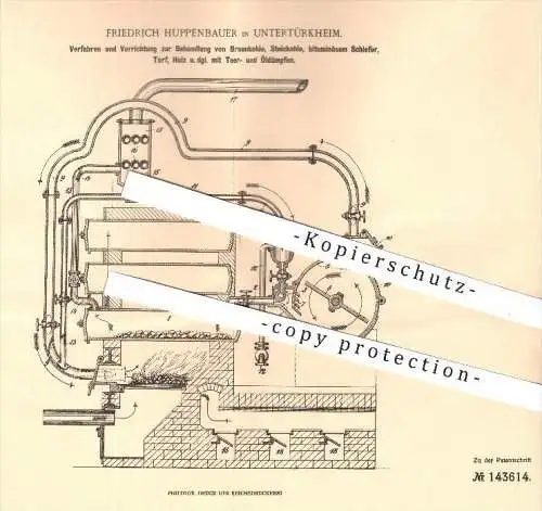 original Patent - Fr. Huppenbauer , Untertürkheim , 1900 , Behandlung von Braunkohle , Steinkohle , Holz mit Teer u. Öl