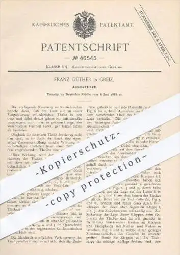 original Patent - Franz Güther in Greiz , 1888 , Ausziehtisch , Tisch zum Ausziehen , Tische , Tischler , Möbel , Holz !