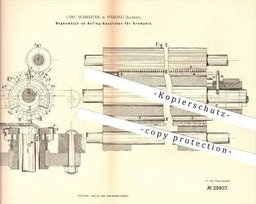 original Patent - Carl Schreiter in Werdau , 1884 , Gegenwalze an Auflegapparaten für Krempeln | Krempel , Spinnrad !!!