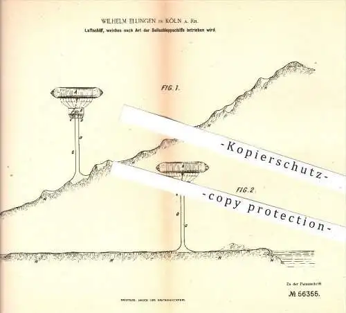 original Patent - Wilhelm Ellingen in Köln / Rhein , Luftschiff - ähnlich der Seilschleppschiffe , Luftfahrt , Sport !!