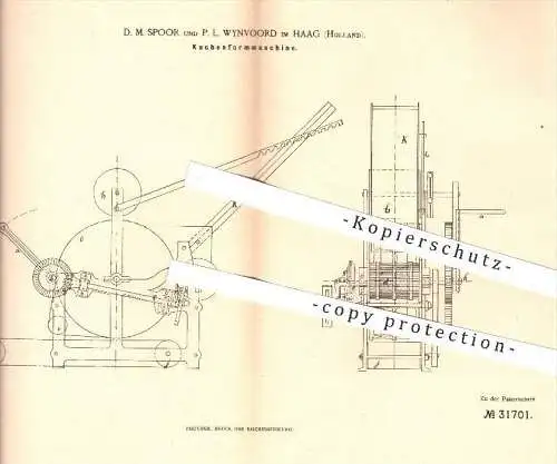 original Patent - D. M. Spoor und P. L. Wynvoord im Haag , Holland , 1884 , Kuchenformmaschine , Kuchenform , Bäcker !!