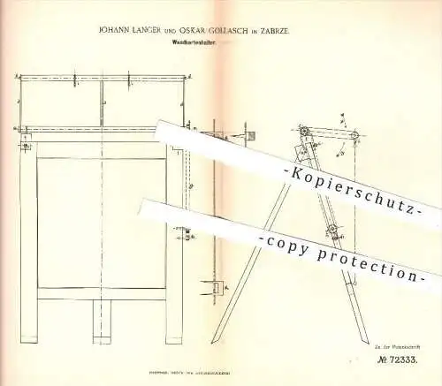 original Patent - J. Langer , O. Gollasch in Zarbze , 1893 , Wandkartenhalter , Karten , Karten , Landkarten , Schule !!