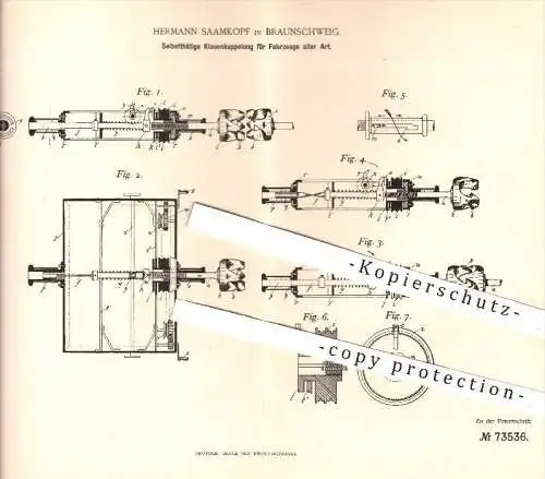 original Patent - H. Saamkopf , Braunschweig , 1893 , Selbsttätige Klauenkupplung für Fahrzeuge , Kupplung , Eisenbahn