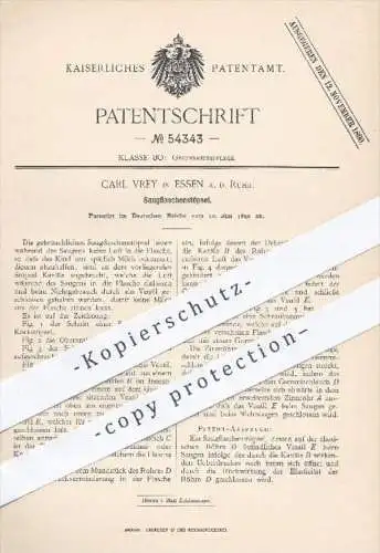 original Patent - Carl Vrey in Essen / Ruhr , 1890 , Saugflaschenstöpsel , Saugflasche , Stöpsel , Flasche , Flaschen !!