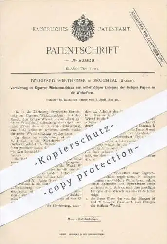 original Patent - Bernhard Wertheimer in Bruchsal , 1890 , Zigarren - Wickelmaschine , Zigarre , Zigaretten , Tabak !!!