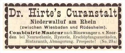 original Werbung - 1898 - Curanstalt Dr. Hirte in Nieder - Walluf , Niederwalluf , Krankenhaus Kur , Arzt , Apotheke !!!