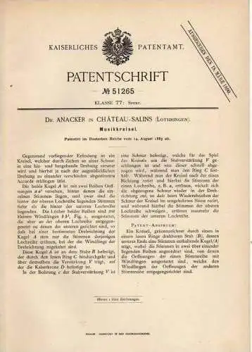 Original Patentschrift - Dr. Anacker in Chateau - Salins ,1889, Kreisel , Musique centrifuge , centrifugal  Brummkreisel