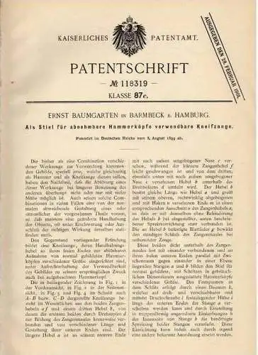 Original Patentschrift - E. Baumgarten in Barmbeck b. Hamburg , 1899 , Kneifzange als abnehmbarer Hammer !!!