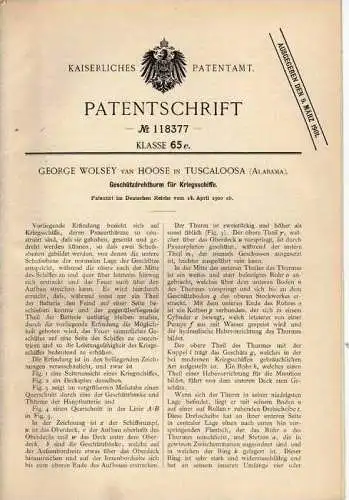 Original Patentschrift - G. van Hoose in Tuscaloosa , 1900 , Drehturm für Kriegsschiffe , Battleship !!!