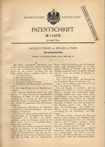 Original Patentschrift - Patronenlademaschine , 1899 , J. de Braam in Paris , Munition , Waffe !!!