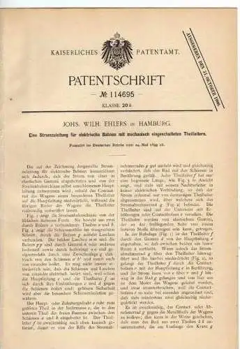 Original Patentschrift - J.W. Ehlers in Hamburg , Stromzuleitung , Elektriker , 1899 !!!