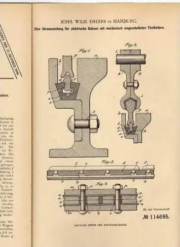 Original Patentschrift - J.W. Ehlers in Hamburg , Stromzuleitung , Elektriker , 1899 !!!