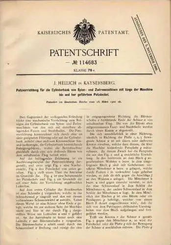 Original Patentschrift - J. Hellich dans Kaysersberg i Elsass ,1900 , Machine à filer , rouet , filage !!!