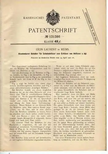 Original Patentschrift - L. Laurent in Reims , 1901 , Schmiedeofen , Schmied , Hufeisen !!!