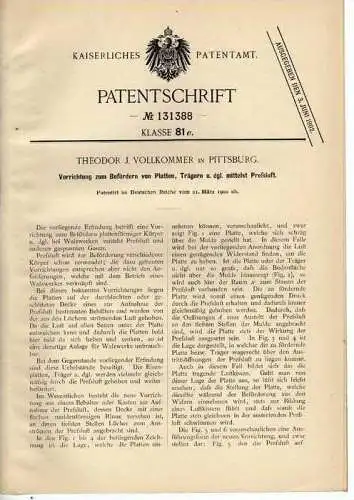 Original Patentschrift - T. Vollkommer in Pittsburg ,1900 , Transport von Platten !!!