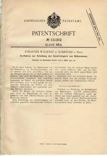 Original Patentschrift - J. Wägener in Suderode a. Harz ,1901 , Rübensamen , Landwirtschaft !!!