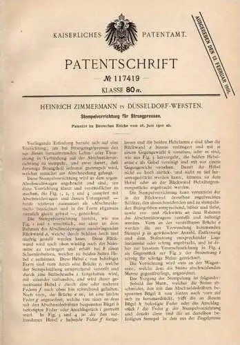 Original Patentschrift - H. Zimmermann in Düsseldorf - Wersten ,1900, Strangpresse , Presse , Metallbau !!!