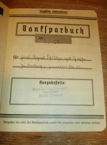 altes Sparbuch Jüterbog , 1938 - 1945 , Agnes Schultze geb. Harfe in Jüterbog , Sparkasse , Bank !!