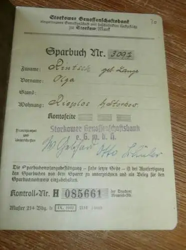 altes Sparbuch Storkow , 1948 - 1952 , Olga Rintsch geb. Lange in Rieplos b. Storkow , Sparkasse , Bank !!