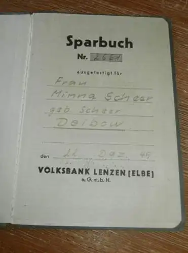 altes Sparbuch Lenzen / Elbe , 1949 - 1960 , Minna Scheer in Deibow b. Milow i. Mecklenburg , Sparkasse , Bank !!