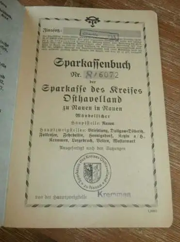 altes Sparbuch Nauen , 1942 - 1944 , Fritz Modrack in Kremmen , Sparkasse , Bank !!