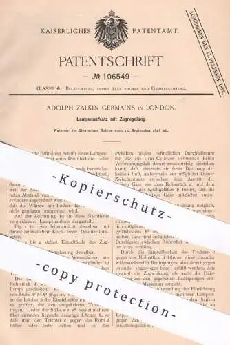 original Patent - Adolph Zalkin Germains , London , England , 1898 , Lampenaufsatz mit Zugregelung | Lampe , Kochgefäß