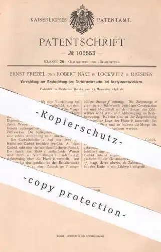 original Patent - Ernst Friebel , Robert Näke , Lockwitz / Dresden , 1898 , Karbidverbrauch bei Acetylenentwickler !!